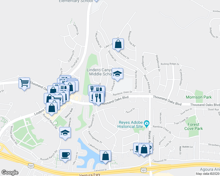 map of restaurants, bars, coffee shops, grocery stores, and more near 5815 Larboard Lane in Agoura Hills