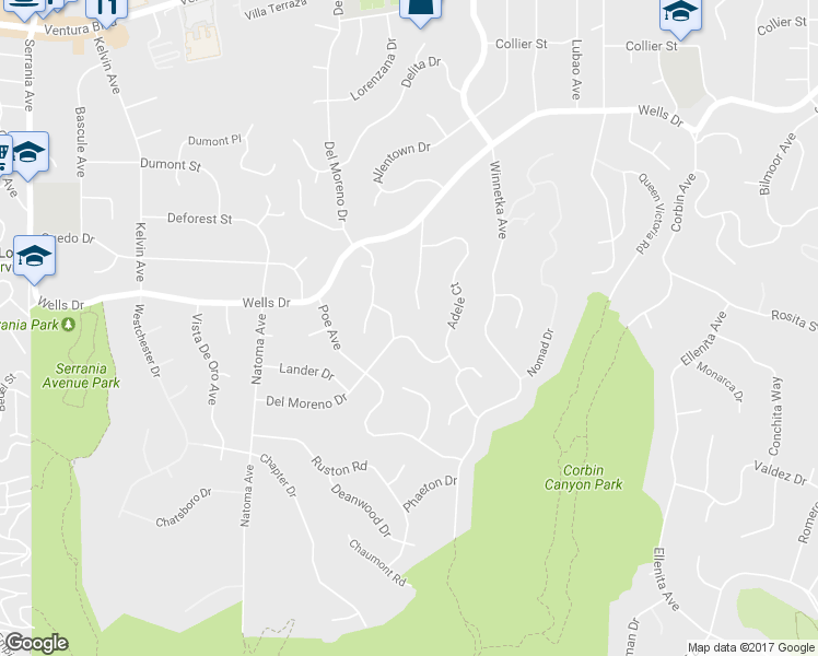 map of restaurants, bars, coffee shops, grocery stores, and more near 20193 Adele Drive in Los Angeles