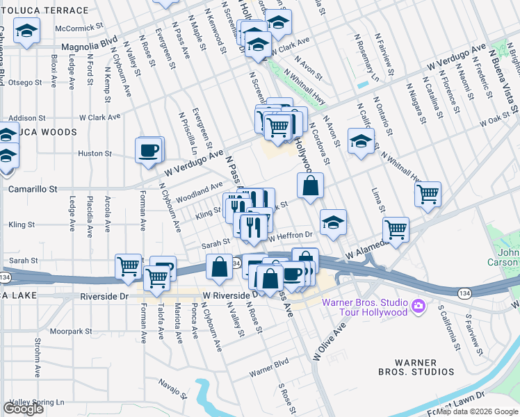 map of restaurants, bars, coffee shops, grocery stores, and more near 3901 West Oak Street in Burbank