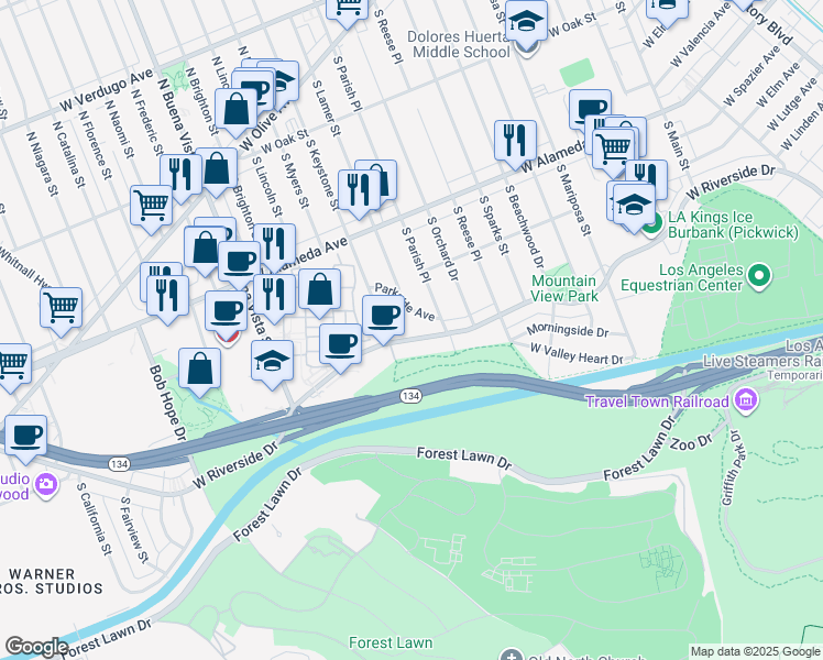 map of restaurants, bars, coffee shops, grocery stores, and more near 2003 West Riverside Drive in Burbank
