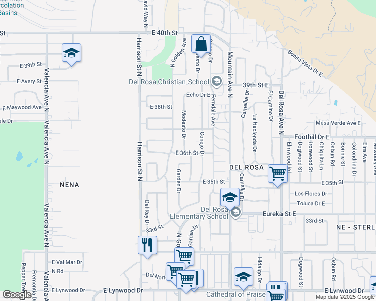 map of restaurants, bars, coffee shops, grocery stores, and more near 3605 Modesto Drive in San Bernardino