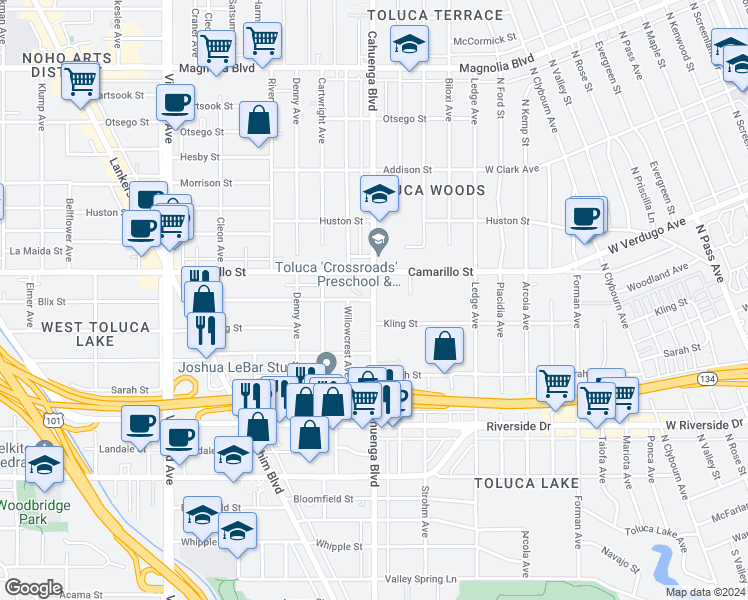 map of restaurants, bars, coffee shops, grocery stores, and more near Cahuenga Blvd & Blix St in Los Angeles