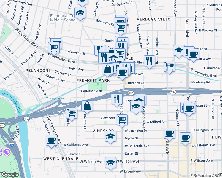map of restaurants, bars, coffee shops, grocery stores, and more near 533 Patterson Avenue in Glendale