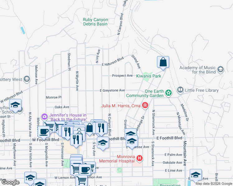 map of restaurants, bars, coffee shops, grocery stores, and more near 324 East Greystone Avenue in Monrovia