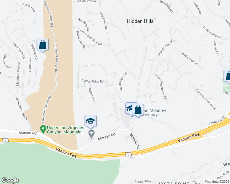 map of restaurants, bars, coffee shops, grocery stores, and more near 24929 Jim Bridger Road in Hidden Hills