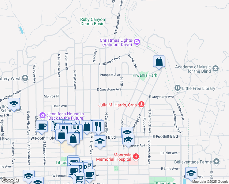 map of restaurants, bars, coffee shops, grocery stores, and more near 326 East Greystone Avenue in Monrovia