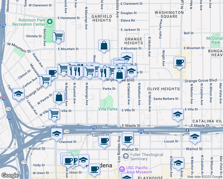 map of restaurants, bars, coffee shops, grocery stores, and more near 380 Reinway Court in Pasadena