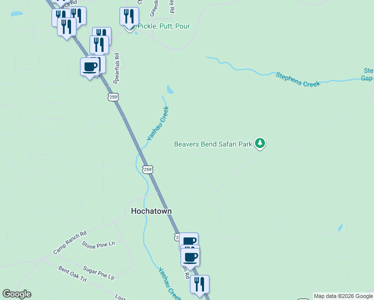 map of restaurants, bars, coffee shops, grocery stores, and more near Old Hochatown Road in Broken Bow
