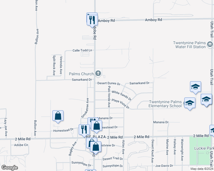 map of restaurants, bars, coffee shops, grocery stores, and more near 73787 Desert Dunes Drive in Twentynine Palms