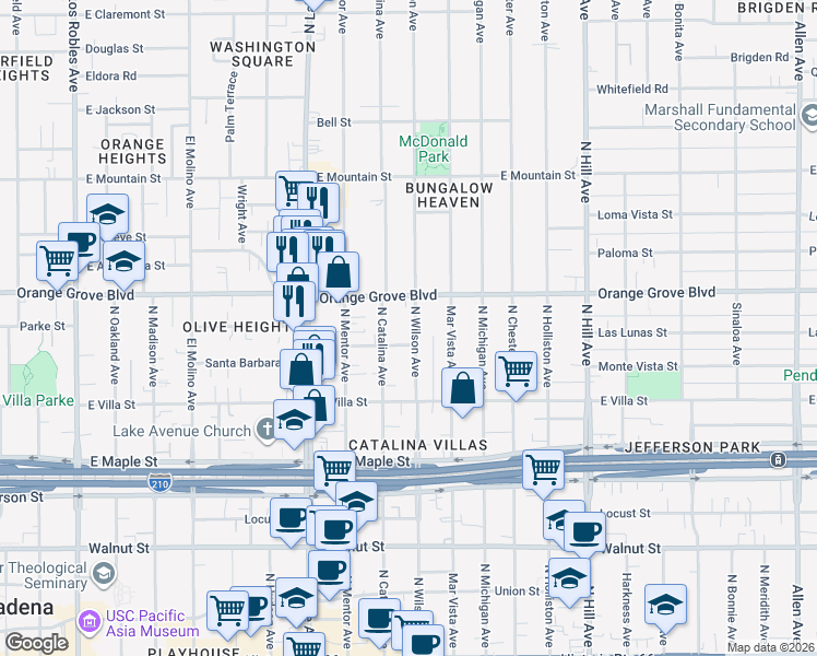 map of restaurants, bars, coffee shops, grocery stores, and more near 617 North Wilson Avenue in Pasadena