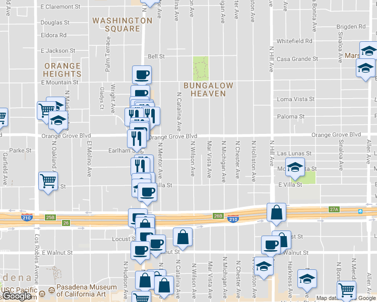 map of restaurants, bars, coffee shops, grocery stores, and more near 617 North Wilson Avenue in Pasadena