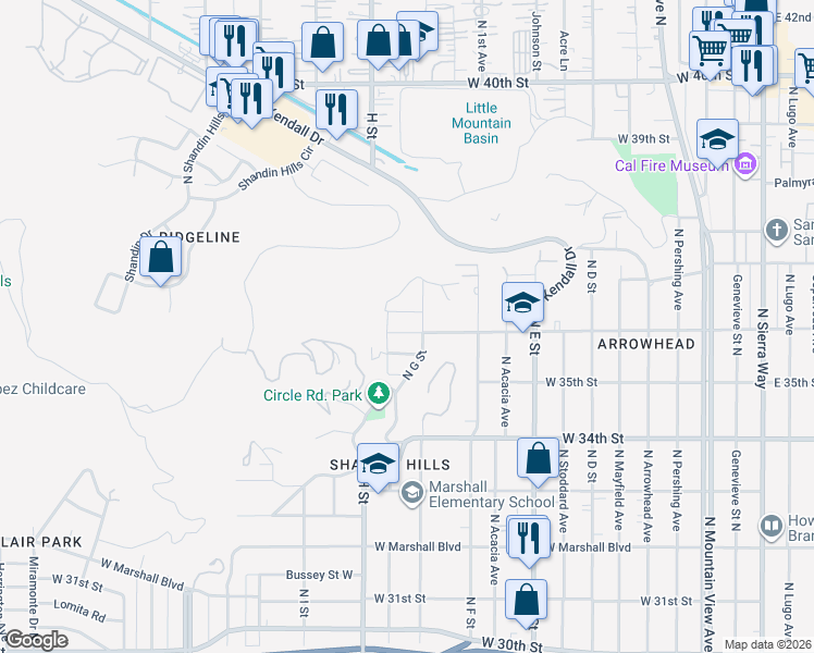 map of restaurants, bars, coffee shops, grocery stores, and more near 726 West 36th Street in San Bernardino