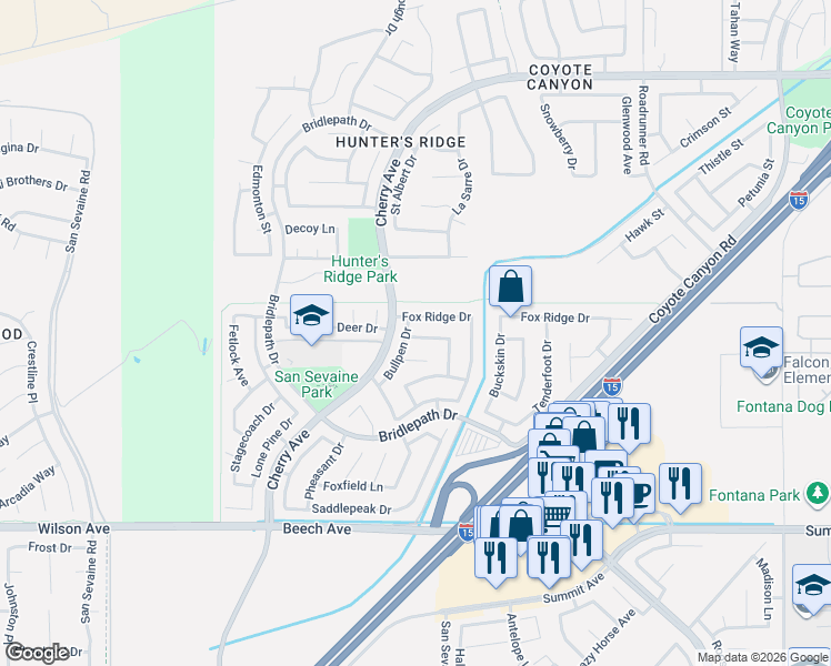 map of restaurants, bars, coffee shops, grocery stores, and more near 5376 Bullpen Drive in Fontana