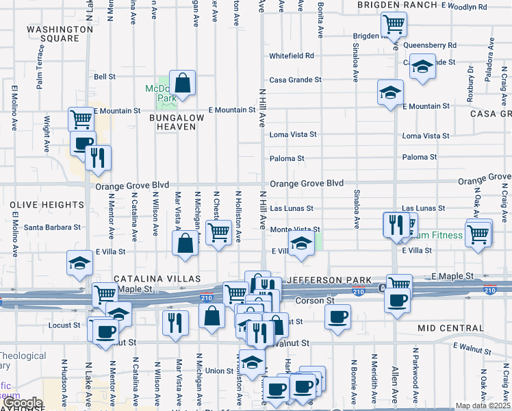 map of restaurants, bars, coffee shops, grocery stores, and more near 609 North Hill Avenue in Pasadena