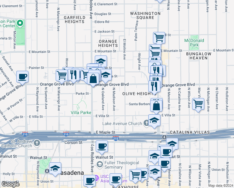 map of restaurants, bars, coffee shops, grocery stores, and more near 608 North Madison Avenue in Pasadena