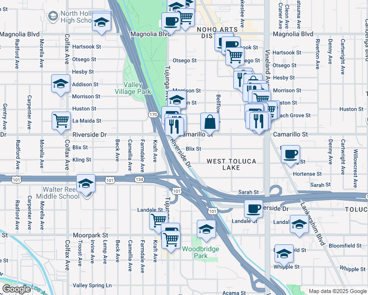 map of restaurants, bars, coffee shops, grocery stores, and more near 11310 Blix Street in Los Angeles