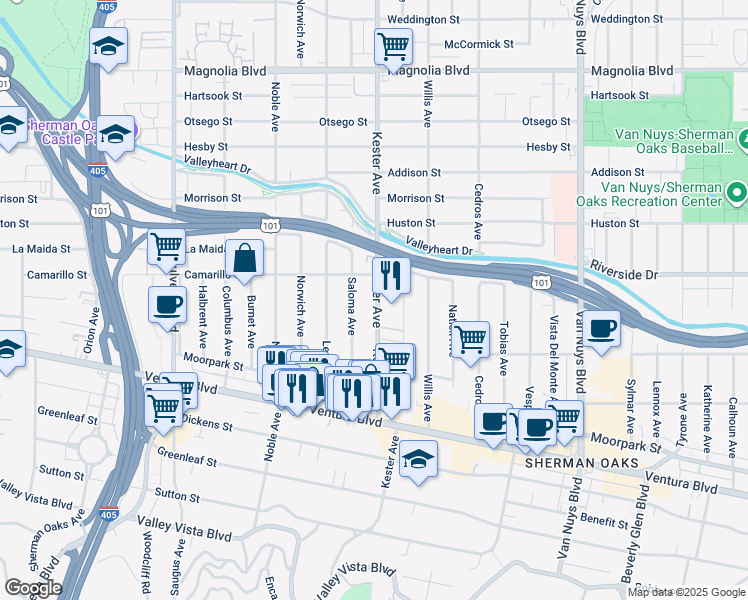 map of restaurants, bars, coffee shops, grocery stores, and more near 4727 Kester Avenue in Los Angeles