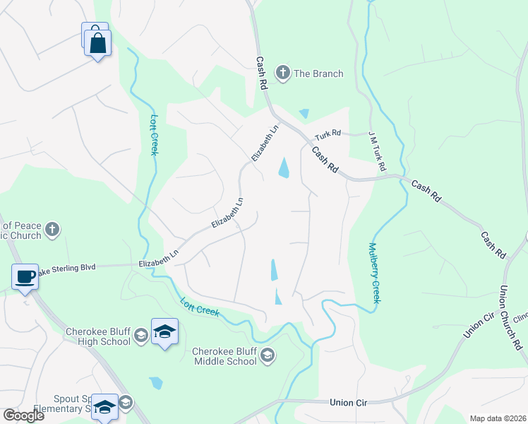 map of restaurants, bars, coffee shops, grocery stores, and more near 5222 Amherst Way in Flowery Branch