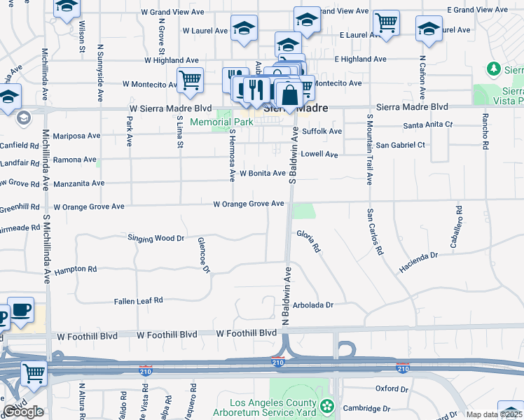 map of restaurants, bars, coffee shops, grocery stores, and more near 740 West Orange Grove Avenue in Arcadia