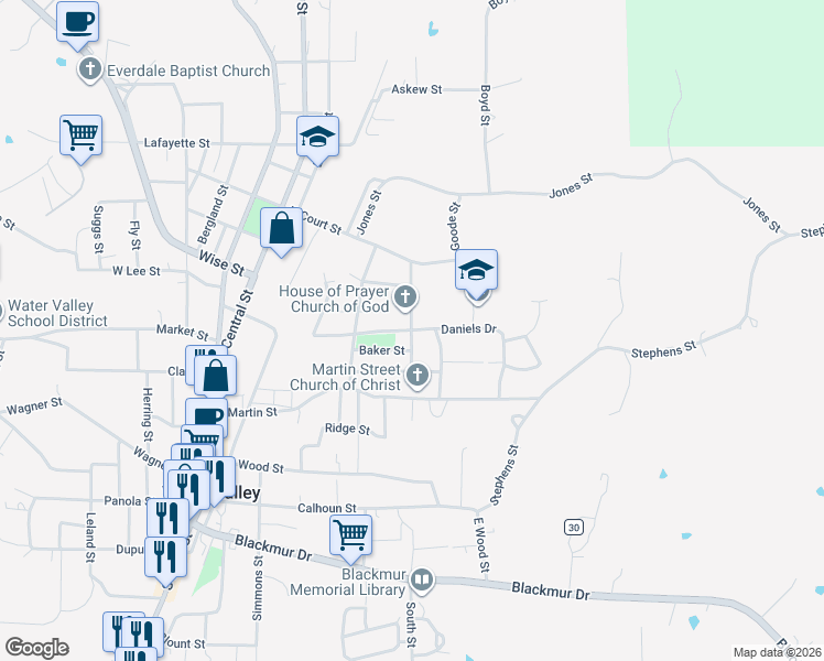 map of restaurants, bars, coffee shops, grocery stores, and more near 798 Mills Street in Water Valley