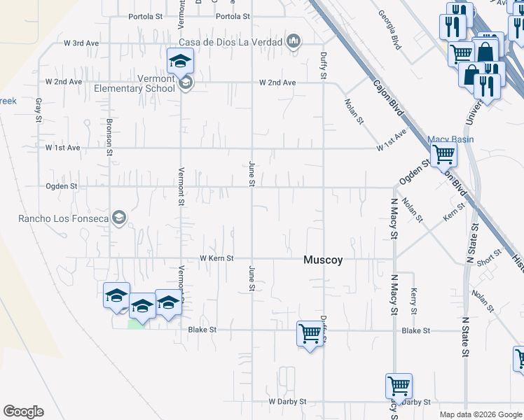 map of restaurants, bars, coffee shops, grocery stores, and more near 3317 June Street in Muscoy