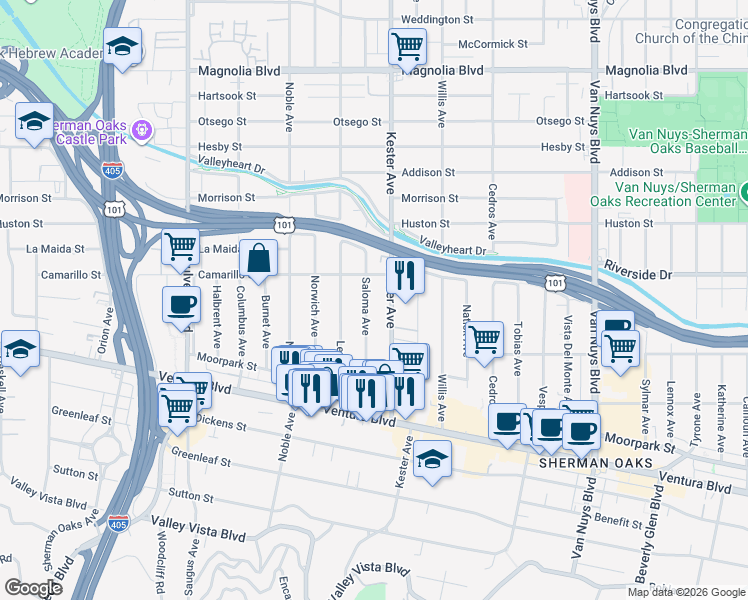 map of restaurants, bars, coffee shops, grocery stores, and more near 4727 Kester Avenue in Los Angeles