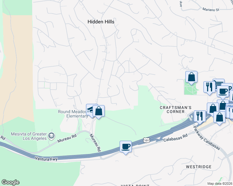 map of restaurants, bars, coffee shops, grocery stores, and more near 24540 John Colter Road in Hidden Hills