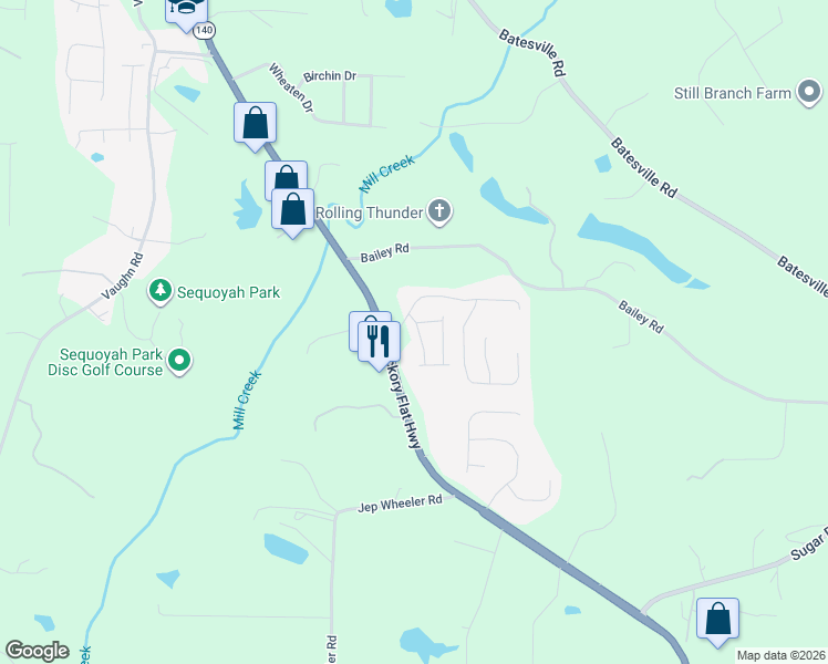 map of restaurants, bars, coffee shops, grocery stores, and more near 111 Village Parkway in Woodstock