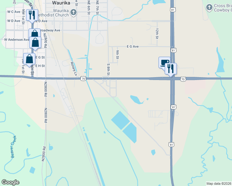 map of restaurants, bars, coffee shops, grocery stores, and more near D2810 Road in Waurika