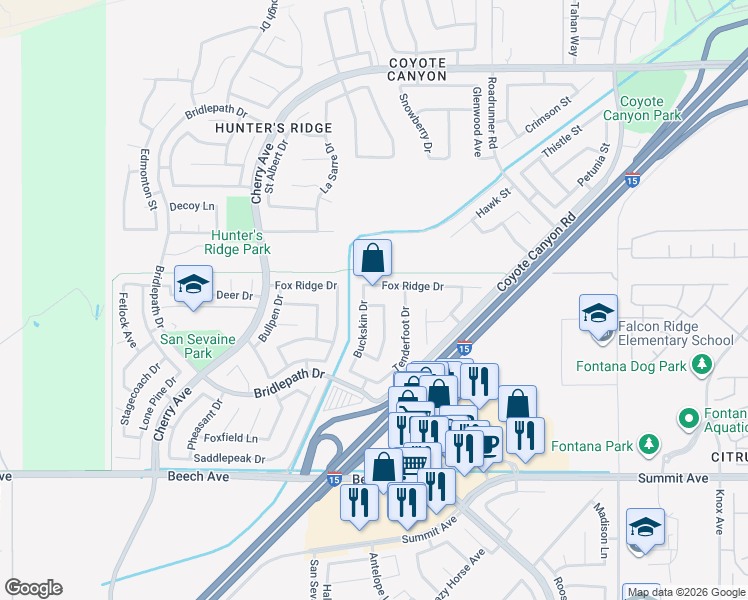 map of restaurants, bars, coffee shops, grocery stores, and more near 15028 Longhorn Lane in Fontana
