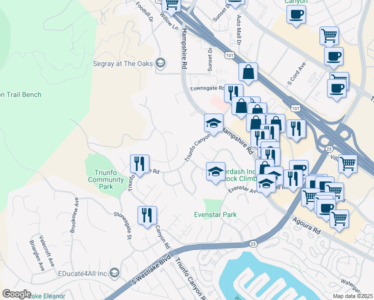 map of restaurants, bars, coffee shops, grocery stores, and more near 673 Triunfo Canyon Road in Westlake Village