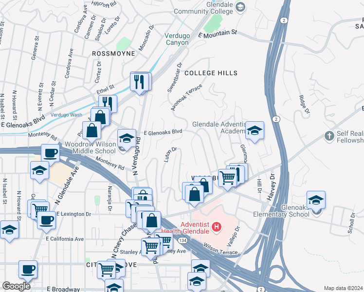 map of restaurants, bars, coffee shops, grocery stores, and more near 703 Luton Drive in Glendale
