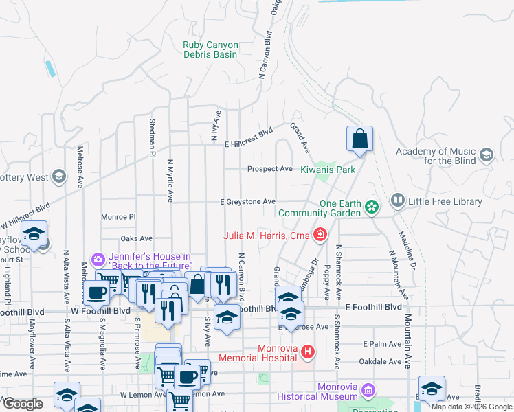 map of restaurants, bars, coffee shops, grocery stores, and more near 324 East Greystone Avenue in Monrovia