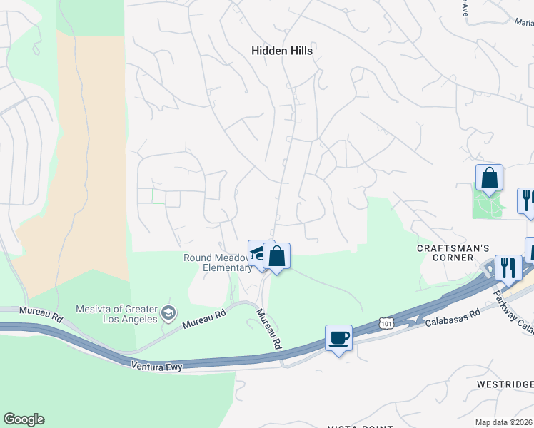 map of restaurants, bars, coffee shops, grocery stores, and more near 5250 Round Meadow Road in Hidden Hills