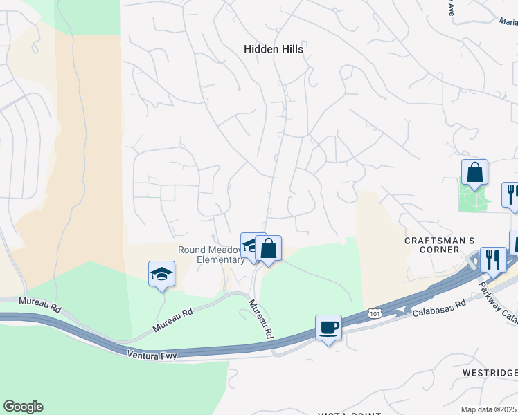 map of restaurants, bars, coffee shops, grocery stores, and more near 5255 Round Meadow Road in Hidden Hills