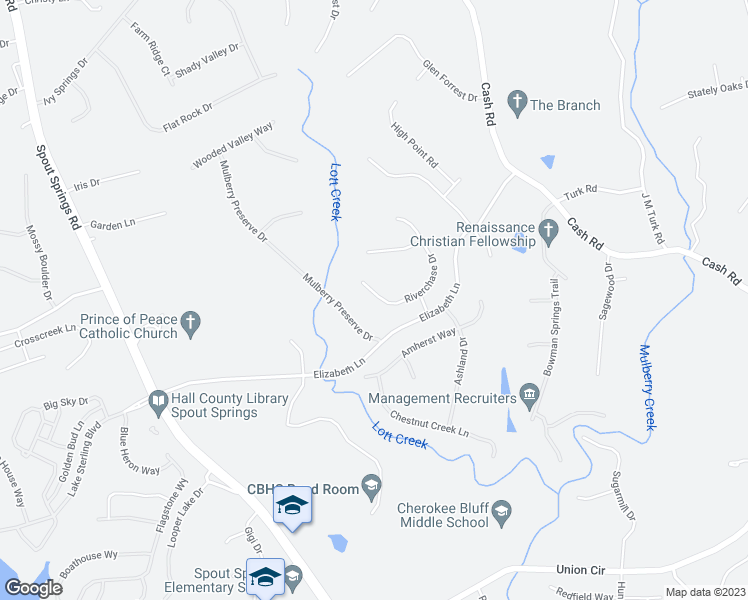 map of restaurants, bars, coffee shops, grocery stores, and more near 5491 Riverchase Drive in Flowery Branch