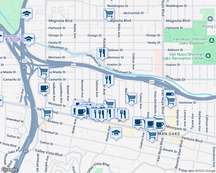 map of restaurants, bars, coffee shops, grocery stores, and more near 4740 Kester Avenue in Los Angeles