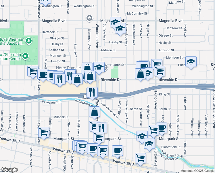 map of restaurants, bars, coffee shops, grocery stores, and more near 4734 Buffalo Avenue in Los Angeles
