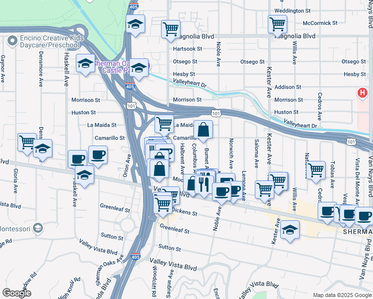 map of restaurants, bars, coffee shops, grocery stores, and more near 4725 Columbus Avenue in Los Angeles