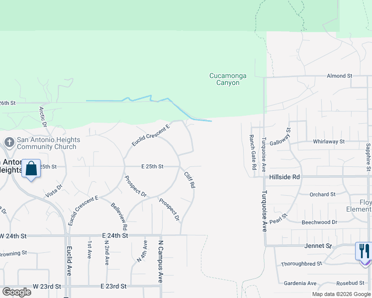 map of restaurants, bars, coffee shops, grocery stores, and more near 859 Cypress Drive in Upland