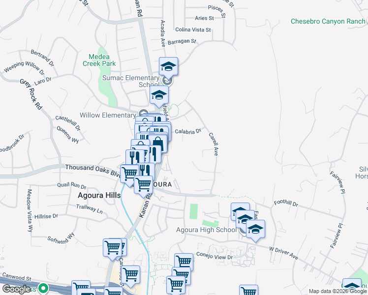 map of restaurants, bars, coffee shops, grocery stores, and more near 5804 Calmfield Avenue in Agoura Hills