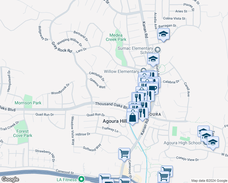 map of restaurants, bars, coffee shops, grocery stores, and more near 29301 Castlehill Drive in Agoura Hills