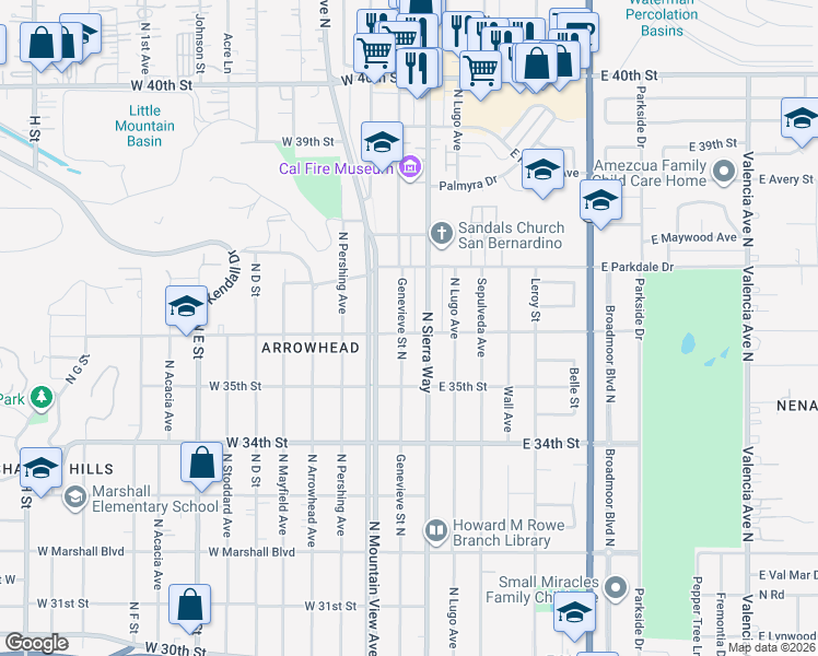 map of restaurants, bars, coffee shops, grocery stores, and more near 3615 Genevieve Street North in San Bernardino