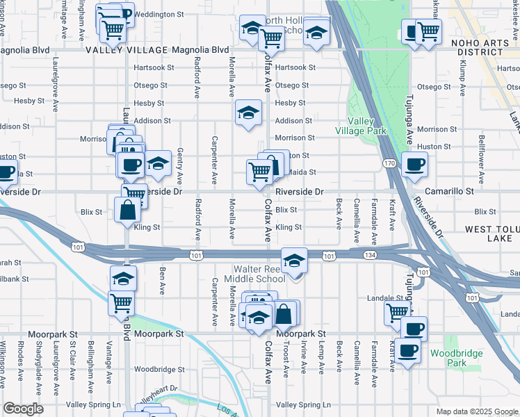 map of restaurants, bars, coffee shops, grocery stores, and more near 11711 Blix Street in Los Angeles