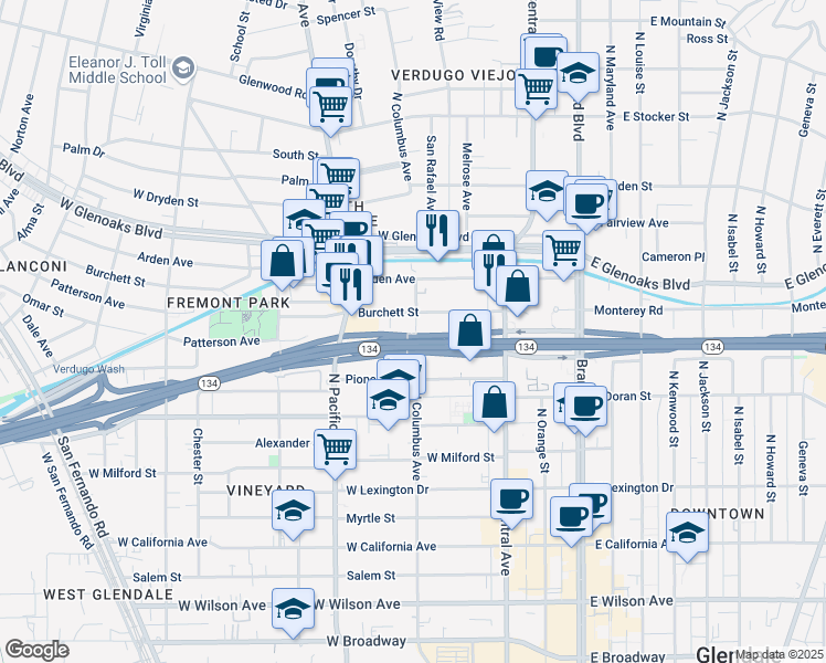 map of restaurants, bars, coffee shops, grocery stores, and more near 707 North Columbus Avenue in Glendale