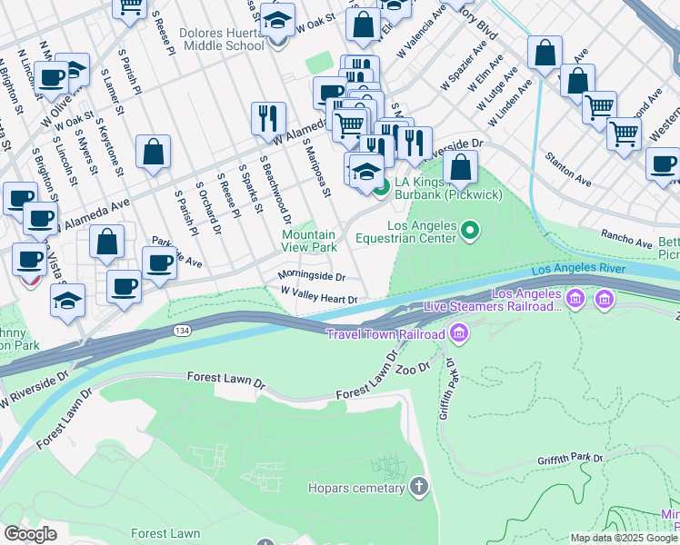 map of restaurants, bars, coffee shops, grocery stores, and more near 1321 Morningside Drive in Burbank