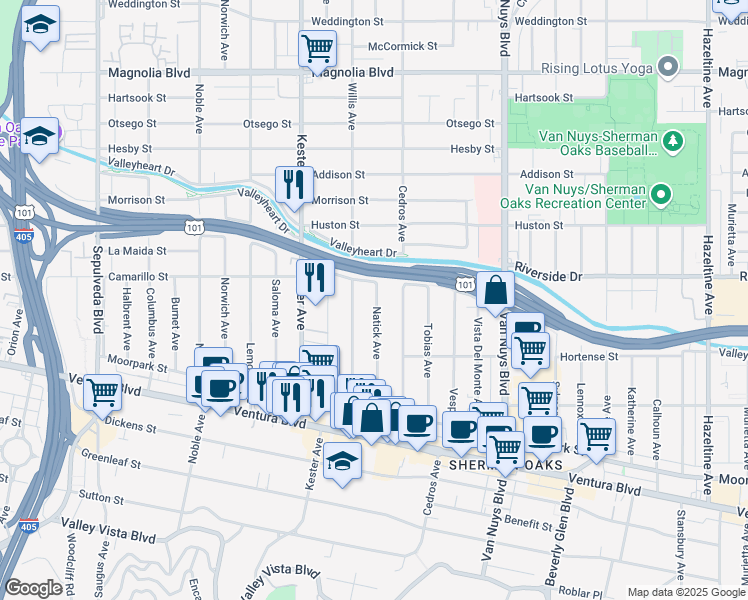 map of restaurants, bars, coffee shops, grocery stores, and more near 4701 Natick Avenue in Los Angeles
