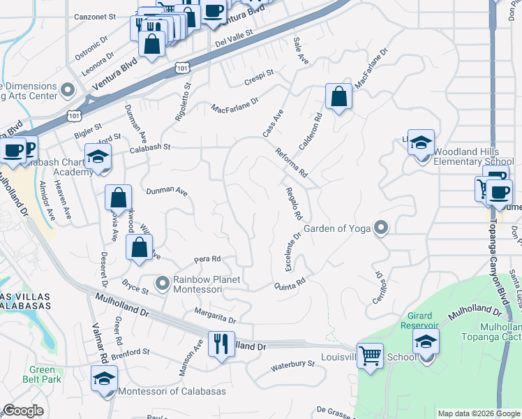map of restaurants, bars, coffee shops, grocery stores, and more near 4810 Rosa Road in Los Angeles