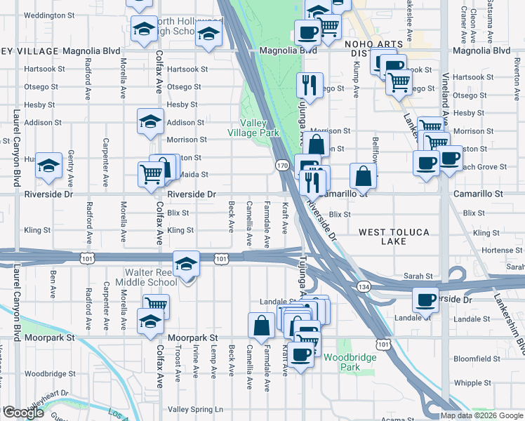 map of restaurants, bars, coffee shops, grocery stores, and more near 4735 Farmdale Avenue in Los Angeles