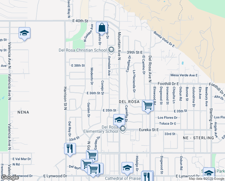map of restaurants, bars, coffee shops, grocery stores, and more near 1354 East Bernard Court in San Bernardino